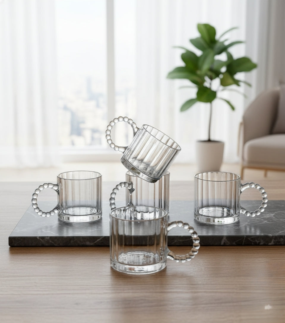 Embossed transparent glass mugs with pearl handle set