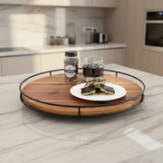 42 cm acacia wood tray with steel sides for kitchen countertop organization, serving, and decorative displays.