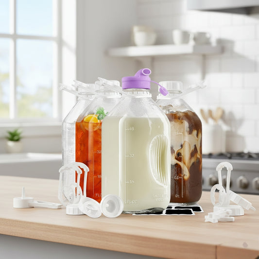 Clear glass milk and juice bottle with 2 litre capacity.