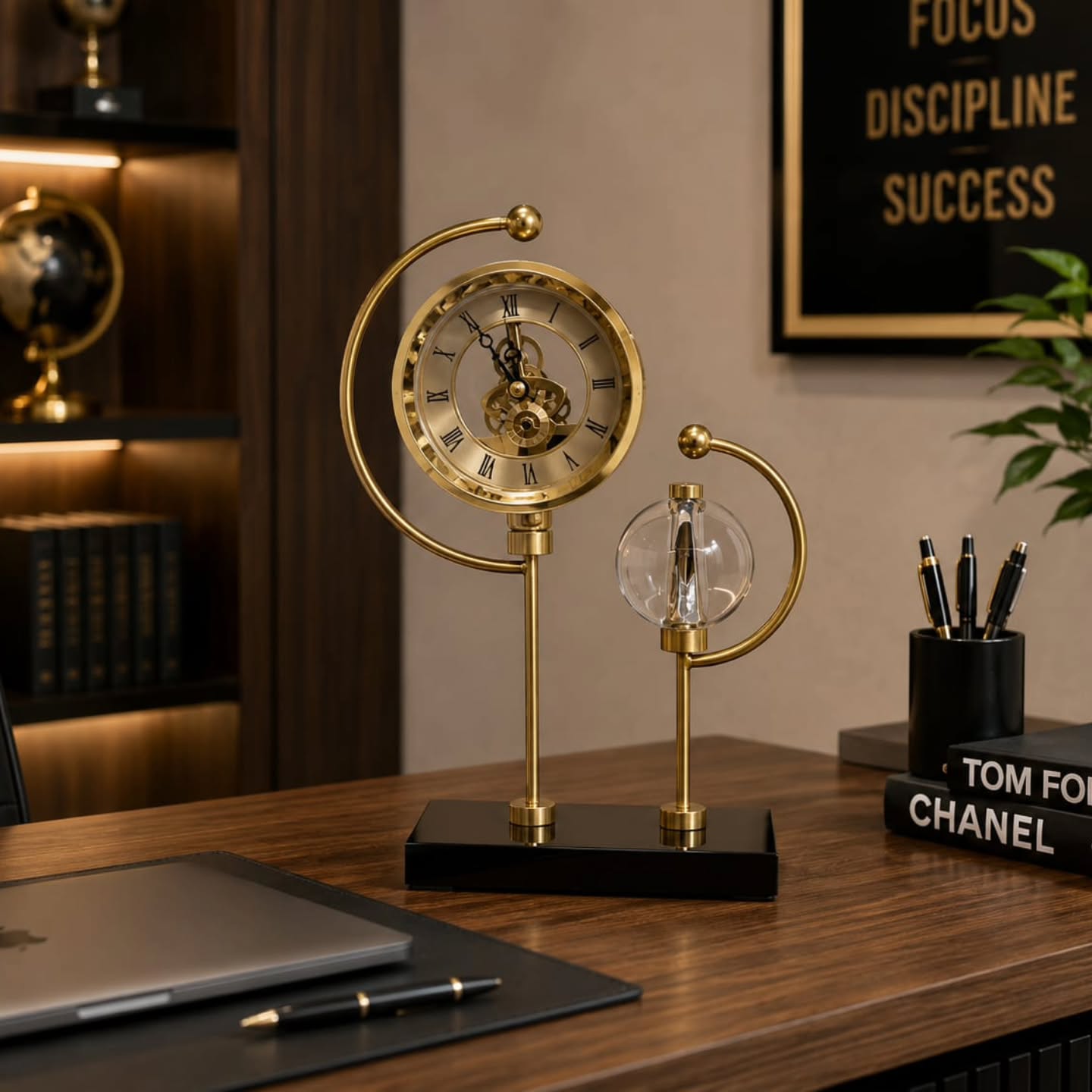 Golden celestial stand clock with a clear crystal ball globe for elegant tabletop home and office décor.