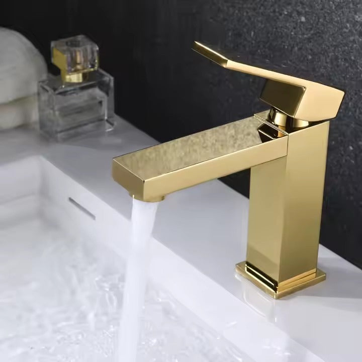 Deck-mounted bathroom faucet with hot and cold mixer and modern elegant design