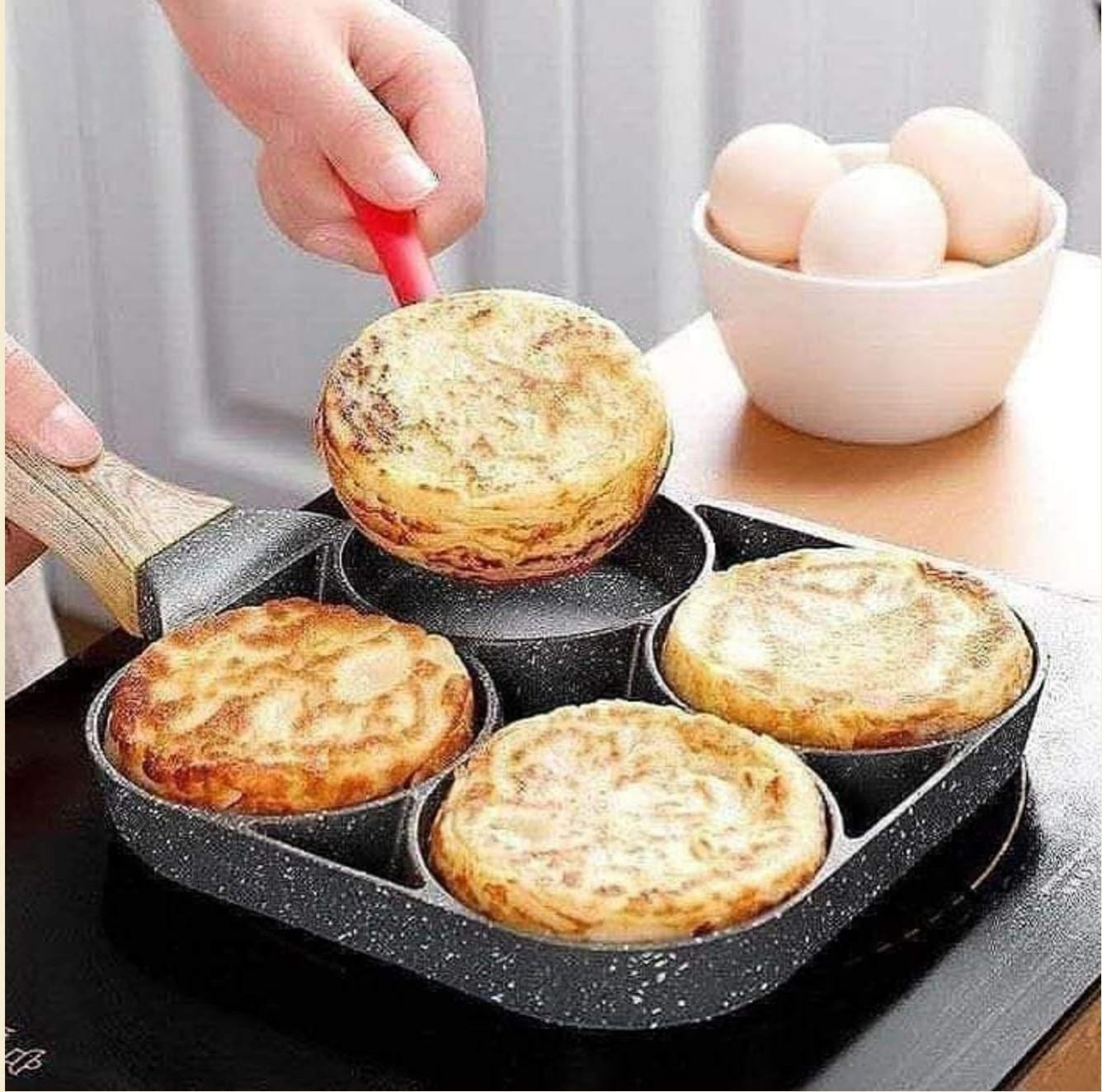 Heavy granite non-stick 3-slot and 4-slot fry pan for eggs and pancakes