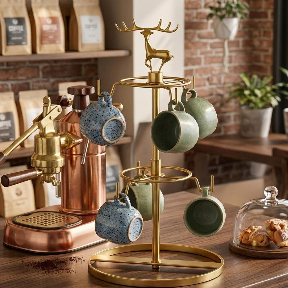 Six slot gold metal cup holder for organized and elegant cup storage