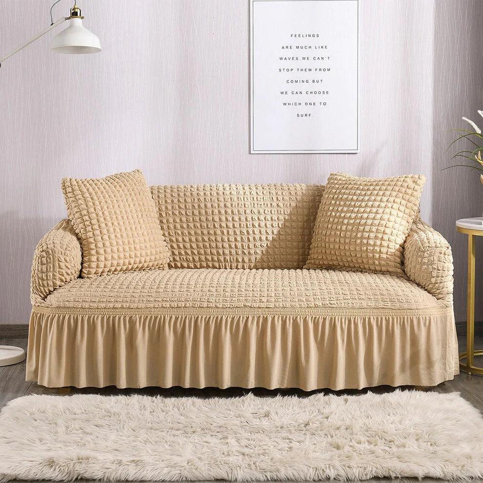 Beige 2-seater bubble sofa seat covers, stretchable protective covers for living room furniture