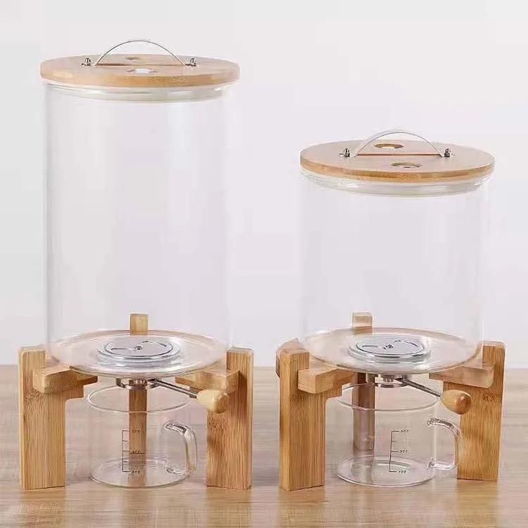 5 Litres borosilicate glass grain dispenser with bamboo stand and measuring cup