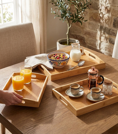3 In 1 Bamboo serving tray set with different sizes for serving meals drinks and home organization