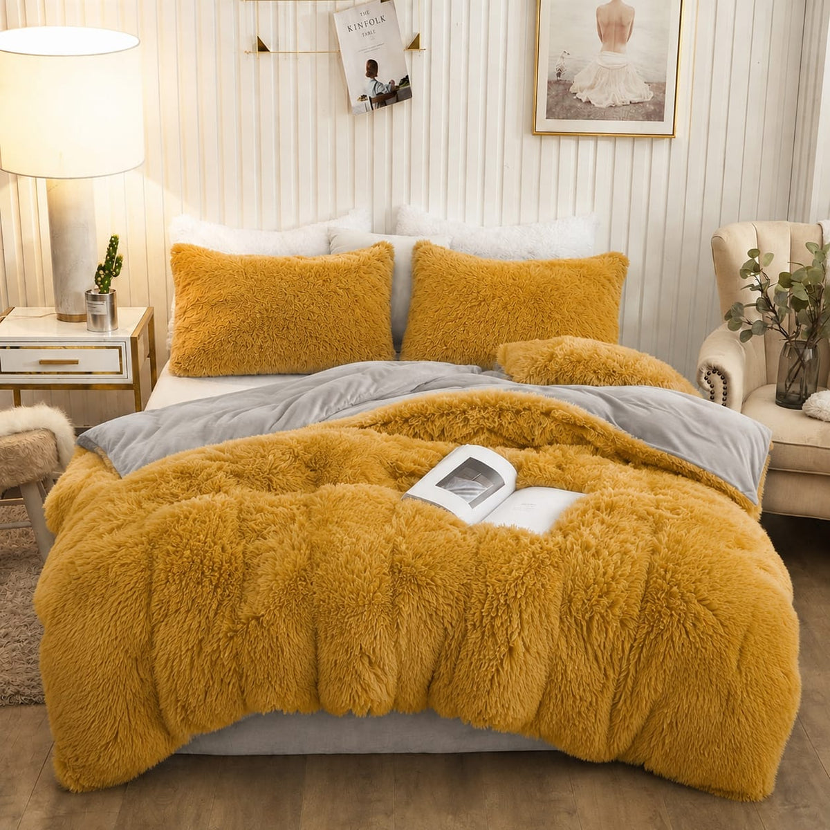 6 piece plush fluffy duvet bedding set in 6 × 7 ft size with 1 duvet, 1 bedsheet, and 4 pillowcases.