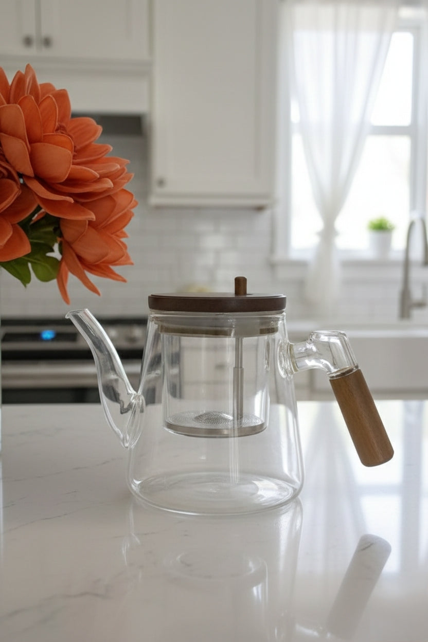 Frosted borosilicate glass tea pot with bamboo handle, 1000ml.
