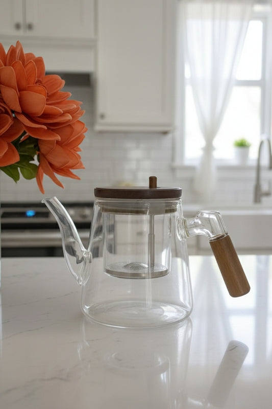 Frosted borosilicate glass tea pot with bamboo handle, 1000ml.