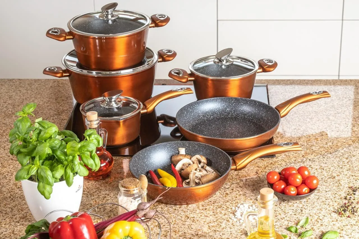 15-piece nonstick cookware set in burnt orange and red for modern kitchen cooking