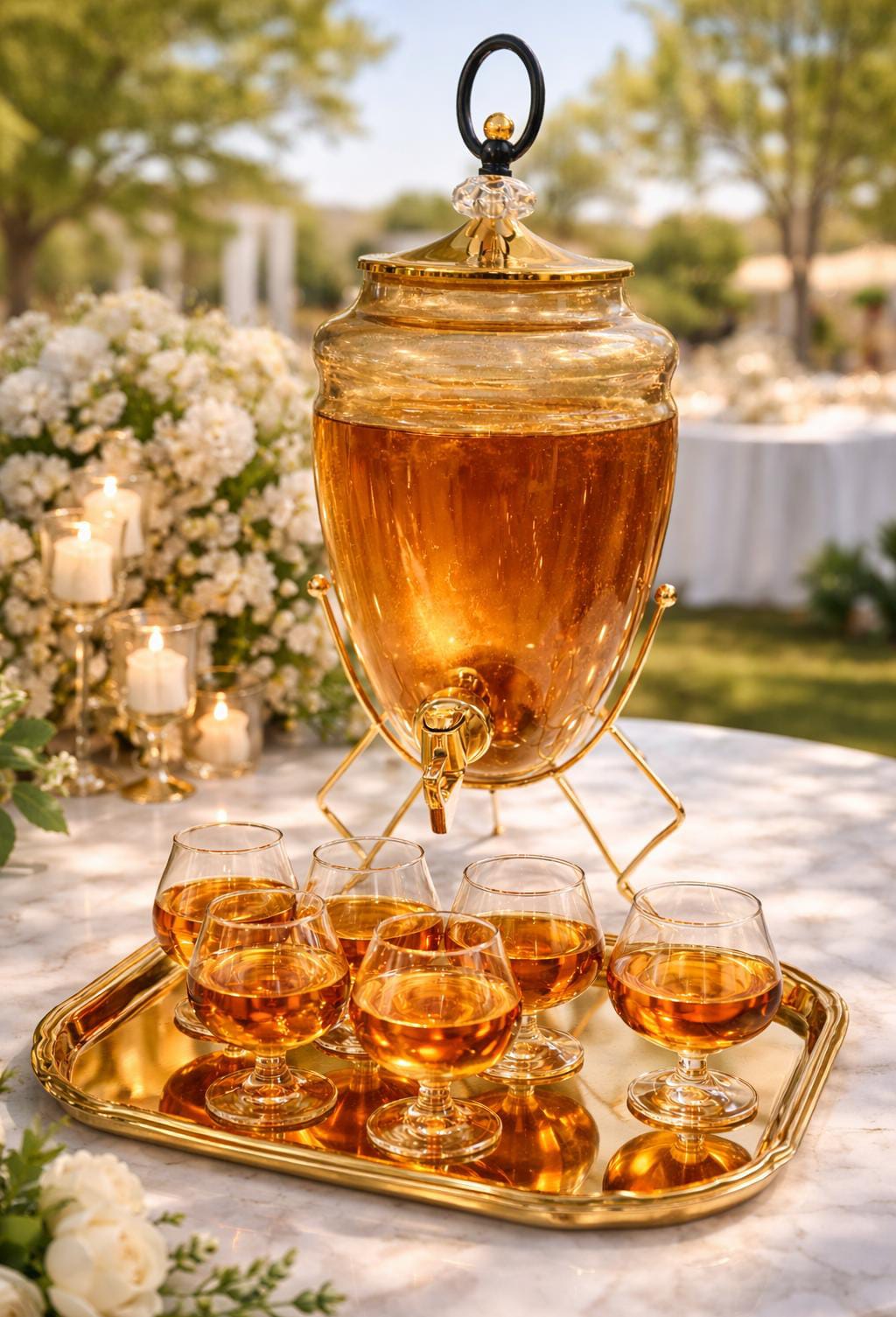 Golden-colored glass juice dispenser with 3.5-liter capacity for home or party use