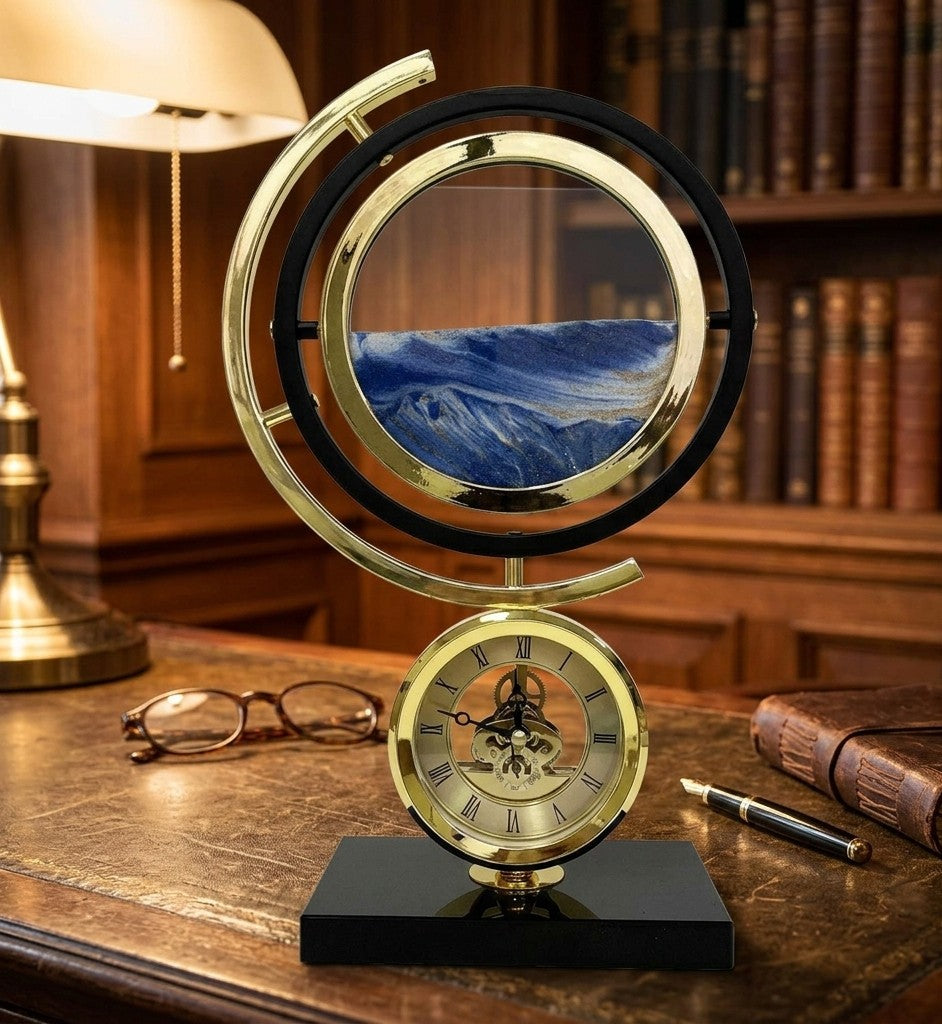 Sand dropping hourglass-inspired table clock for modern home or office décor
