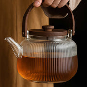 Borosilicate glass infuser and steamer teapot 1000ml with wooden lid vintage handle heat resistant tea brewing pot for loose leaf tea and herbal infusions