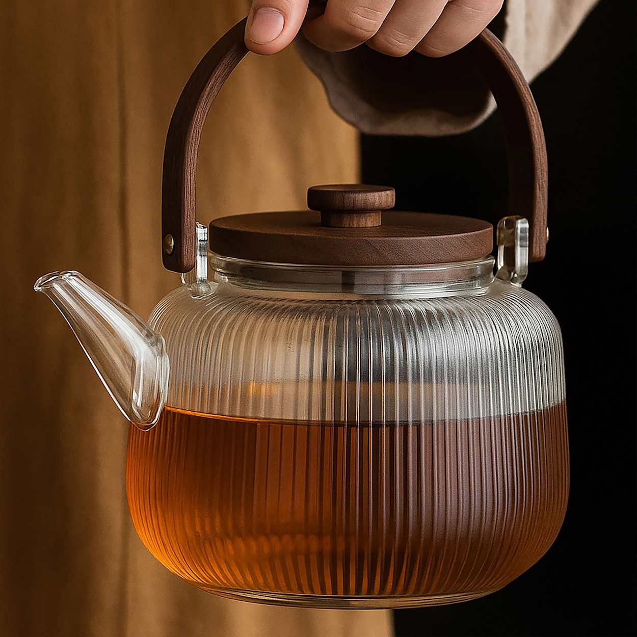 Borosilicate glass infuser and steamer teapot 1000ml with wooden lid vintage handle heat resistant tea brewing pot for loose leaf tea and herbal infusions