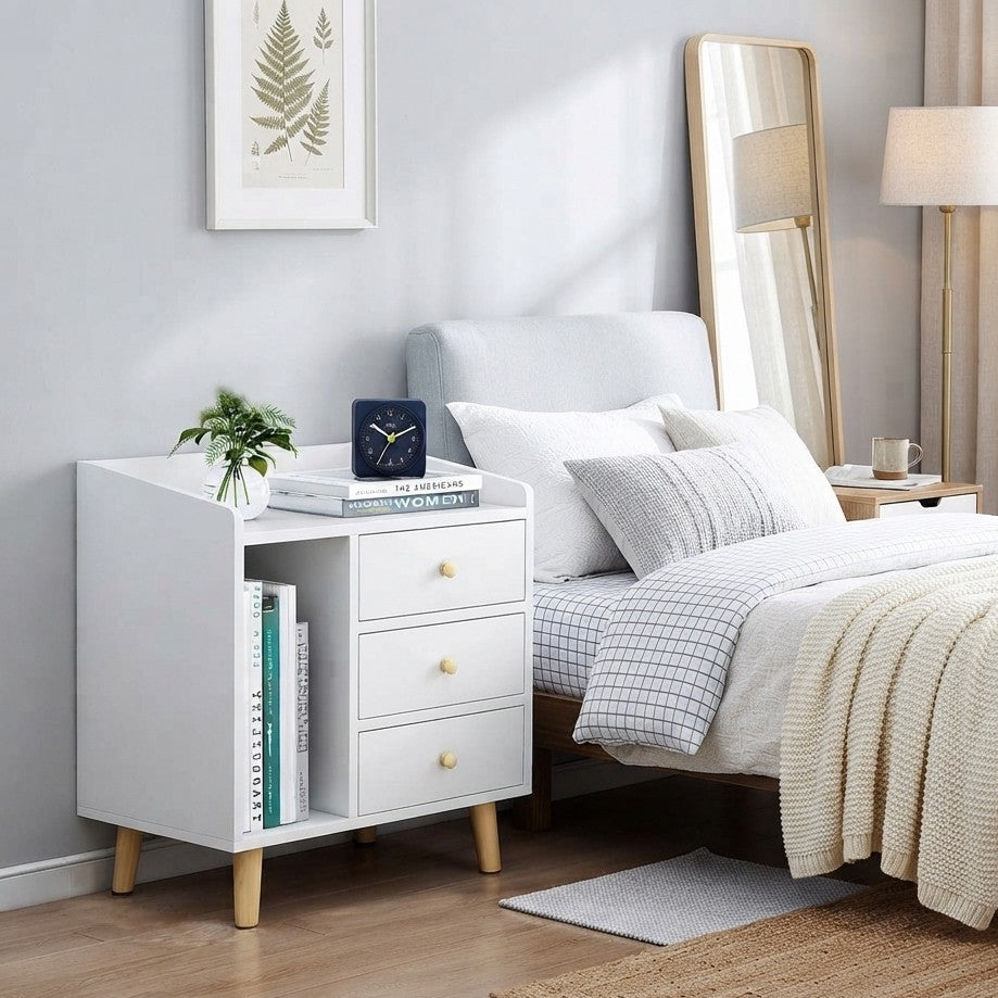 White Bedside Table with 3 Drawers and Open Shelf