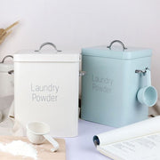 3kg alloy laundry powder storage tin with scoop, available in off white and blue for organized detergent storage.