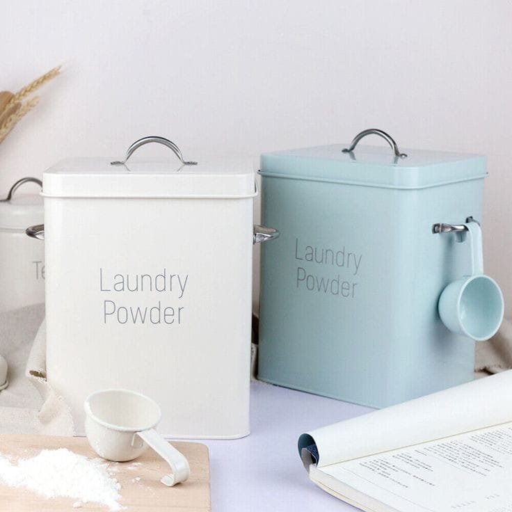 3kg alloy laundry powder storage tin with scoop, available in off white and blue for organized detergent storage.