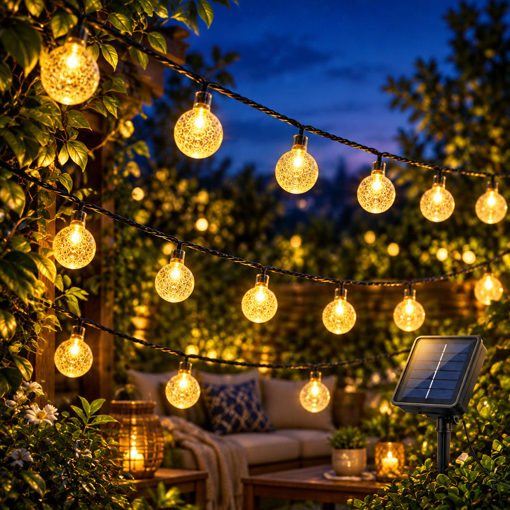 12 metre solar powered outdoor Christmas string lights with 100 decorative LED balls for festive garden and patio décor.