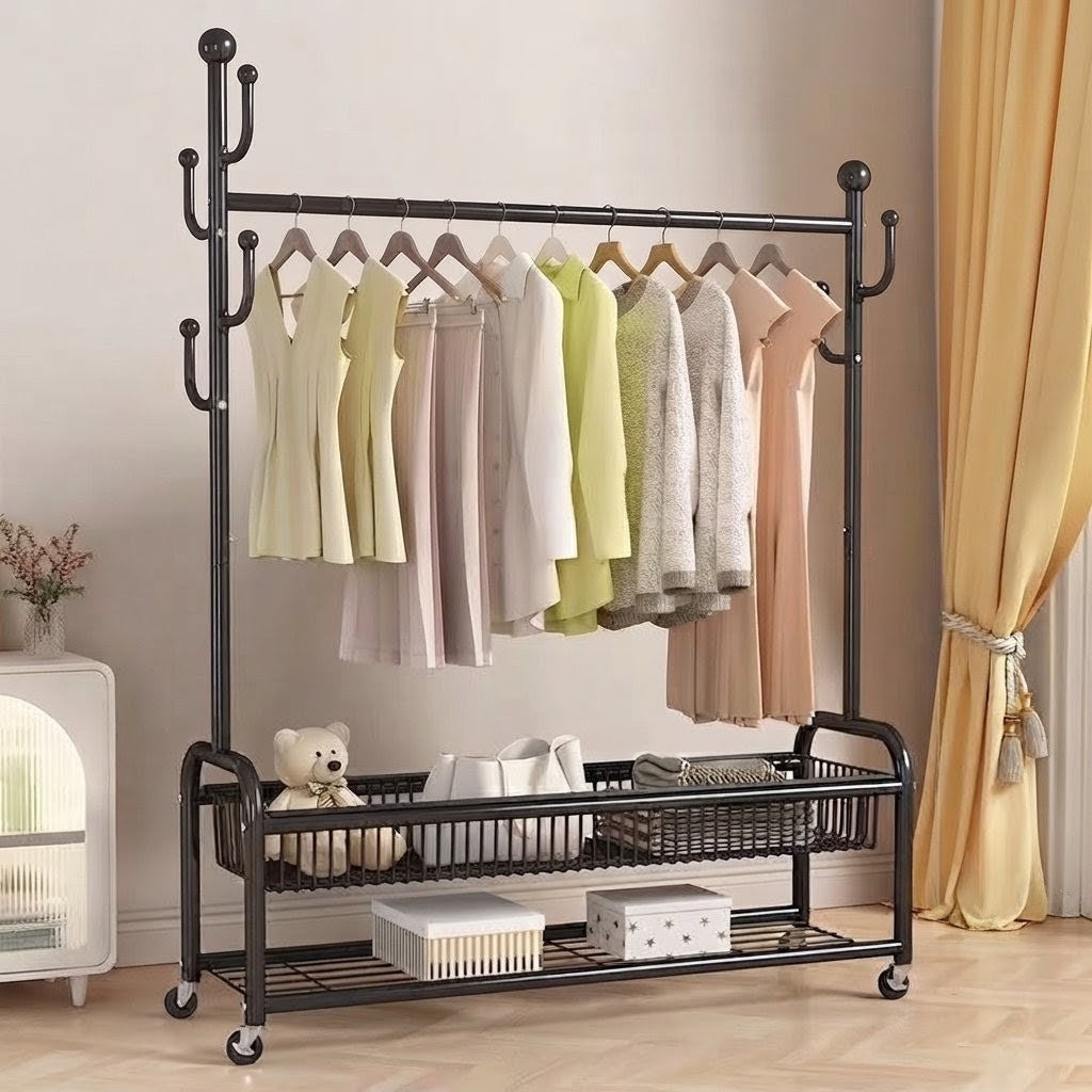 Heavy duty metal garment rack with hanging rail and lower storage basket measuring 172 × 120 × 36 cm for clothing and home organization.