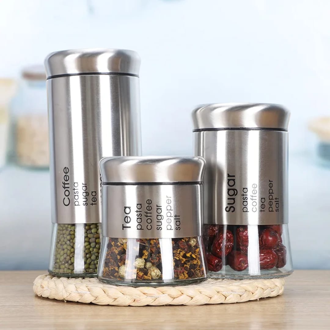 Three piece ceramic spice seasoning jars set for kitchen and dining table use
