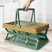 Large foldable collapsible stackable basket with handles in green,cream white and grey.