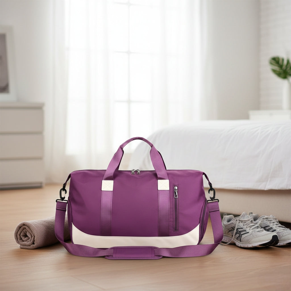 Non-expandable travel bag available in black, purple, peach, and blue
