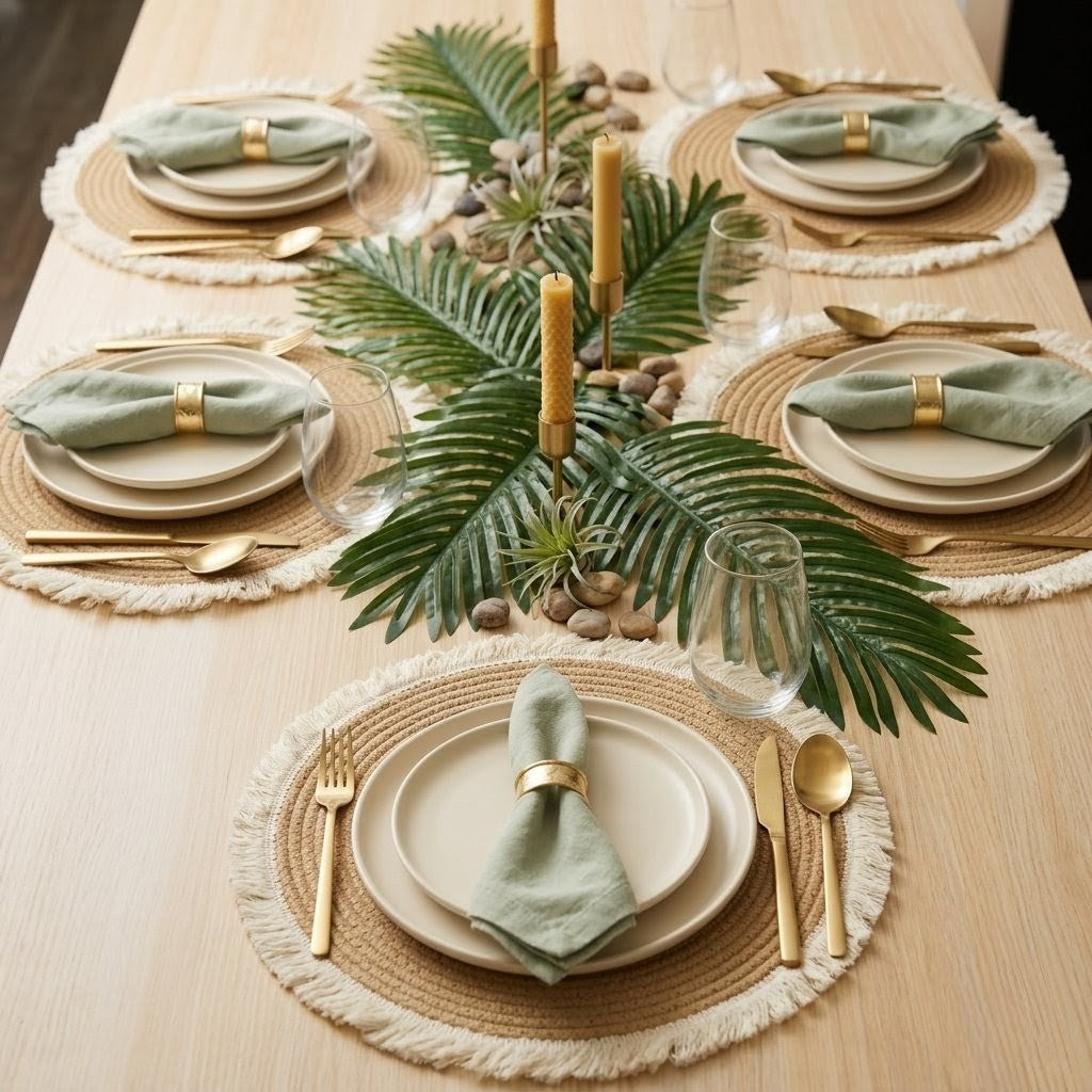 Set of 6 woven table mats with tassels, 38 cm diameter, durable and decorative for dining or living spaces.