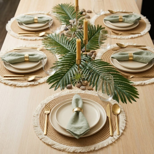 Set of 6 woven table mats with tassels, 38 cm diameter, durable and decorative for dining or living spaces.