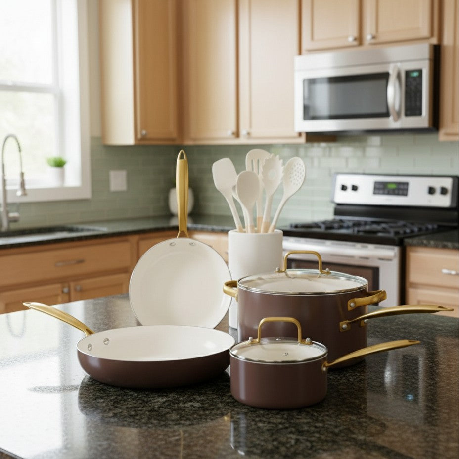 15Pcs Ceramic Cookware Set With Silicone Utensils