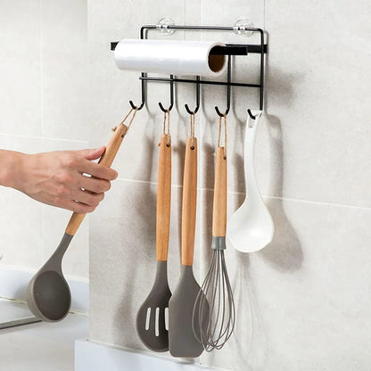 Wall mounted tissue holder with shelf and suction cup for bathroom and kitchen storage.