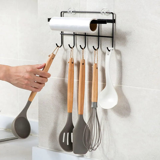 Wall mounted tissue holder with shelf and suction cup for bathroom and kitchen storage.
