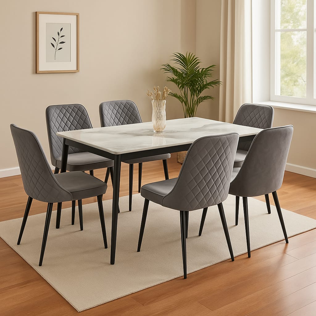 Pure marble top 6 seater dining set with microfiber fabric upholstered chairs