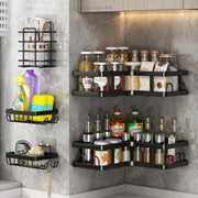 5-piece black corner shower caddy set with rustproof adhesive shelves for bathroom organization.