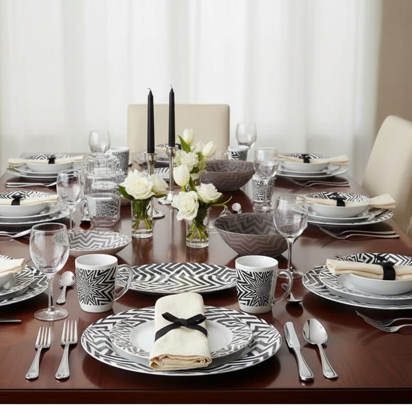 Luminarc Ambiente Sphere White 46-piece glass dinner set with plates, bowls, cups, tumblers, and serving pieces