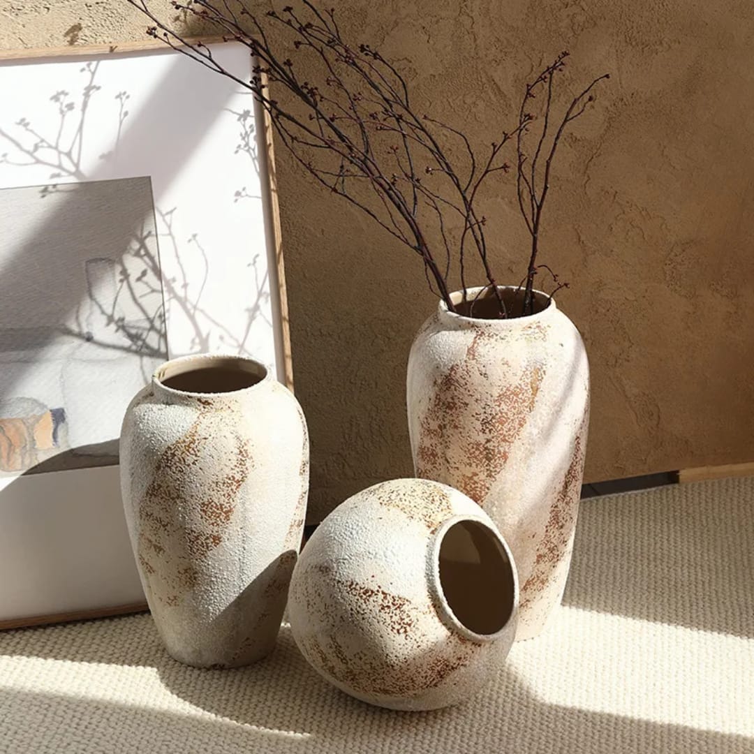 Modern ceramic Wabi Sabi style vase with retro pottery design for flower arrangements and home décor.