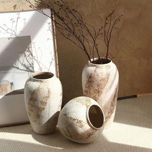 Modern ceramic Wabi Sabi style vase with retro pottery design for flower arrangements and home décor.