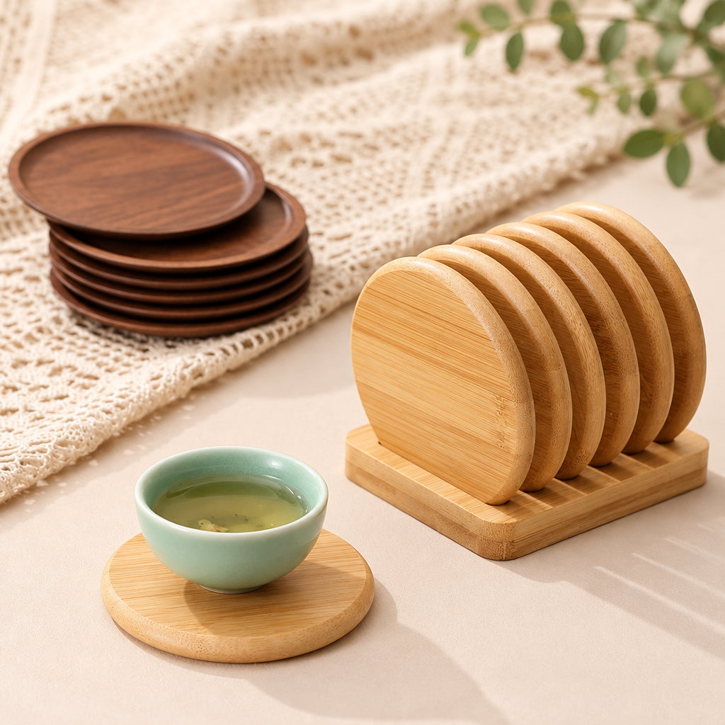 6Pcs Heavy Duty Bamboo Coaster Set with Holder Rack