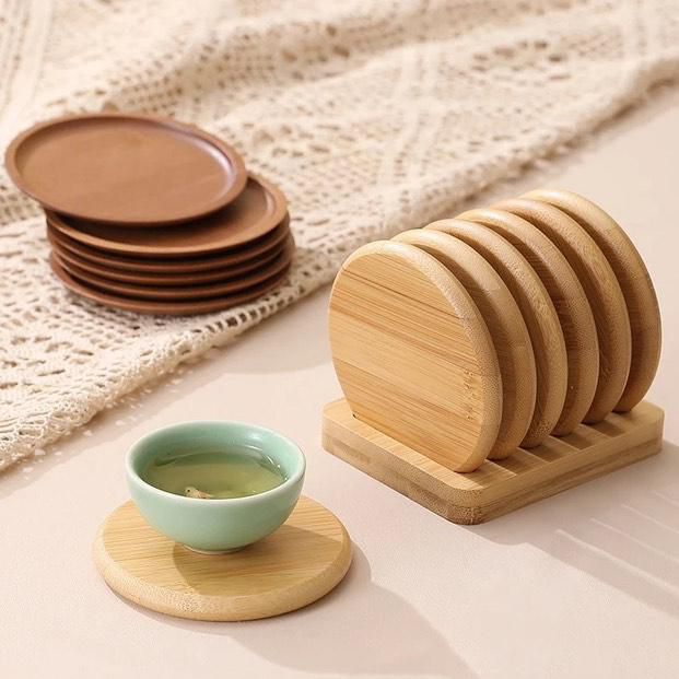 6Pcs Heavy Duty Bamboo Coaster Set with Holder Rack