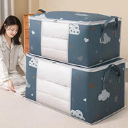 Extra large quilt storage bag with zipper, 75 L navy blue closet organizer for clothes and bedding.