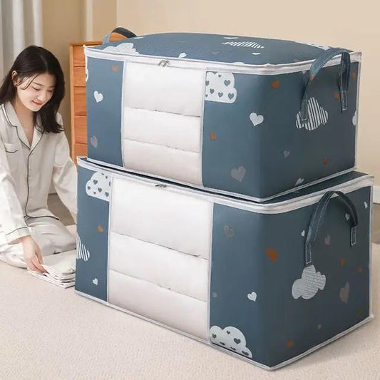 Extra large quilt storage bag with zipper, 75 L navy blue closet organizer for clothes and bedding.