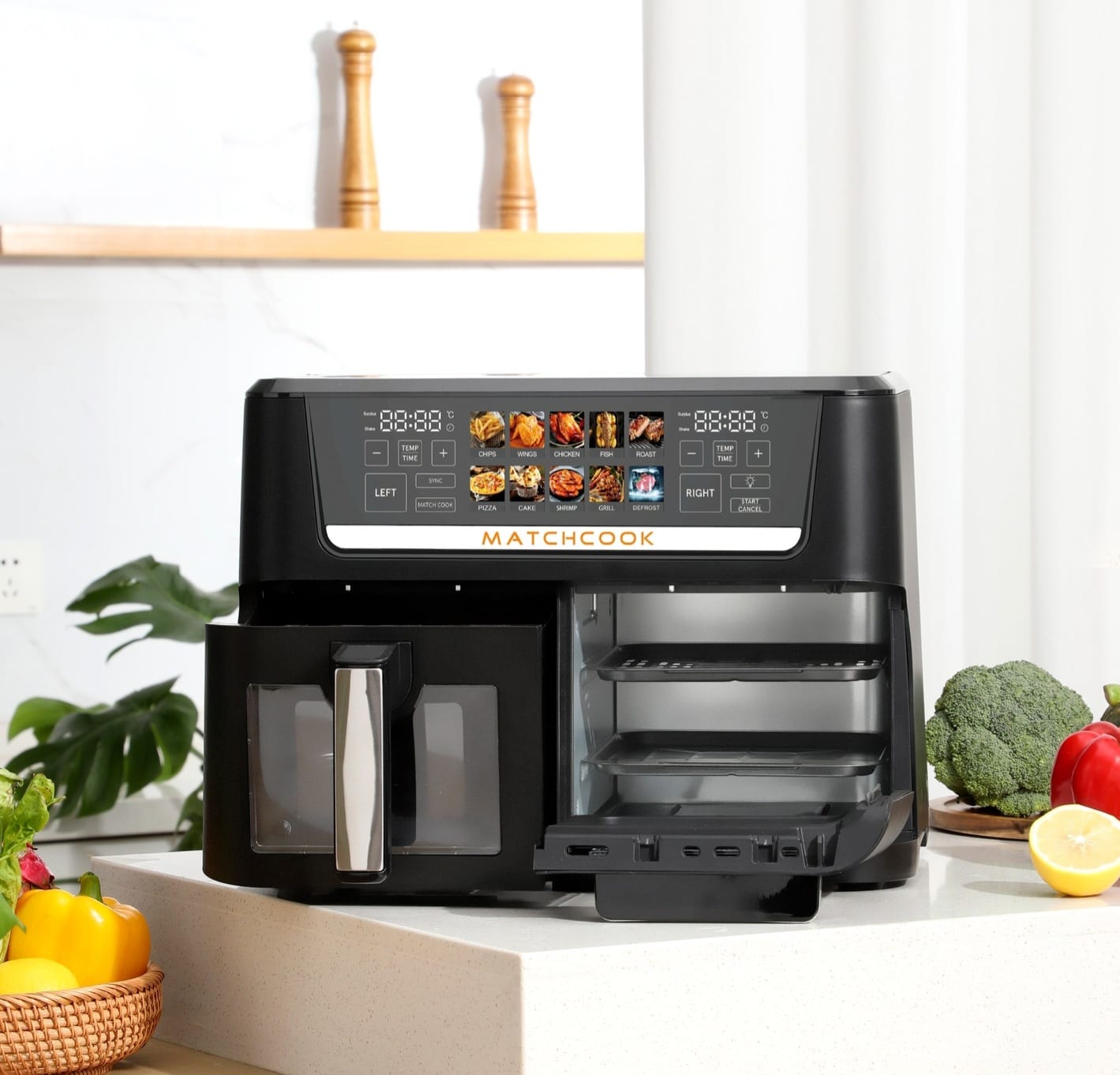 Two in one oven and air fryer combo appliance with dual compartments