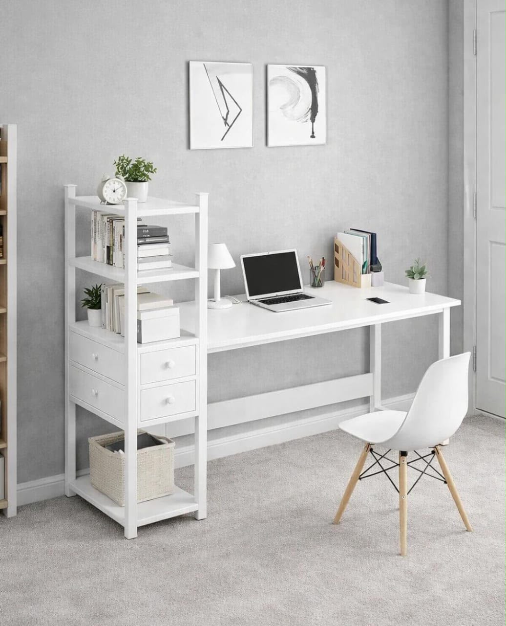 Minimalist Workstation with Storage Shelves and 2 Drawers