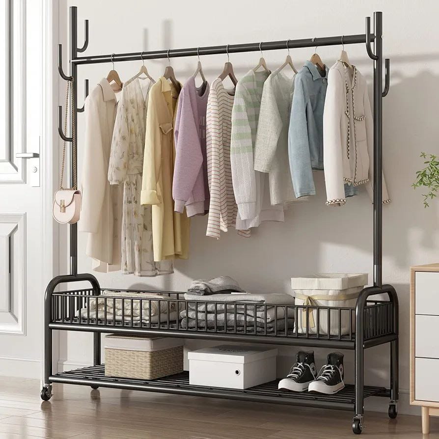 Metal clothes rack with wheels and bottom storage shelf