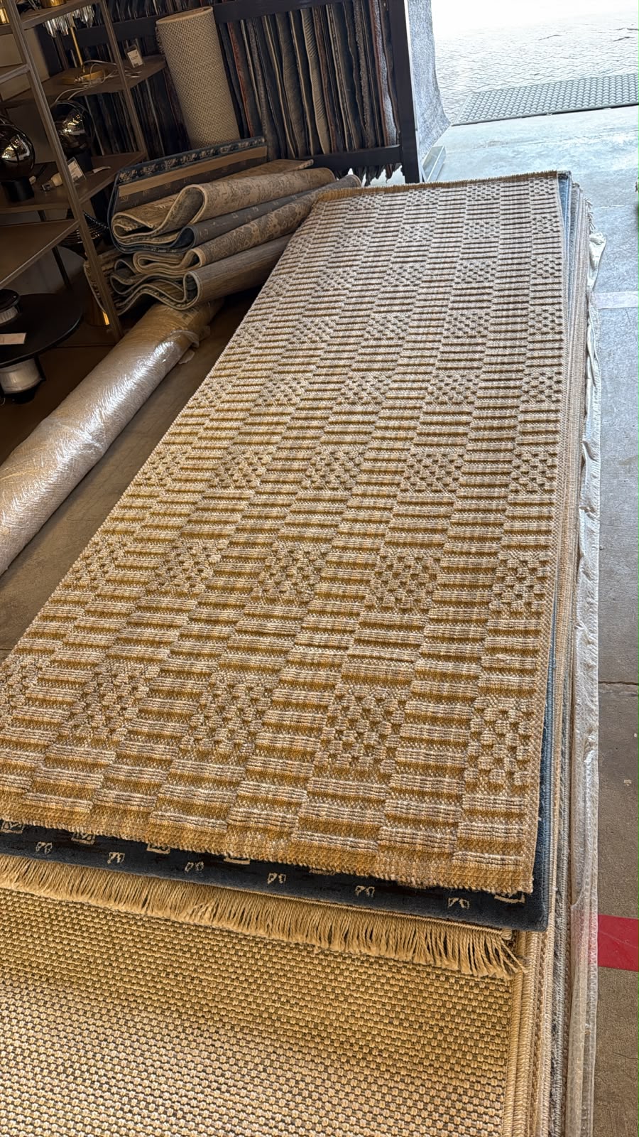 Dawood Lifestyle & Gadgets ke Timeless T13 beige woven corridor runner rug with raised tribal diamond pattern, vertical ribs and fringe ends
