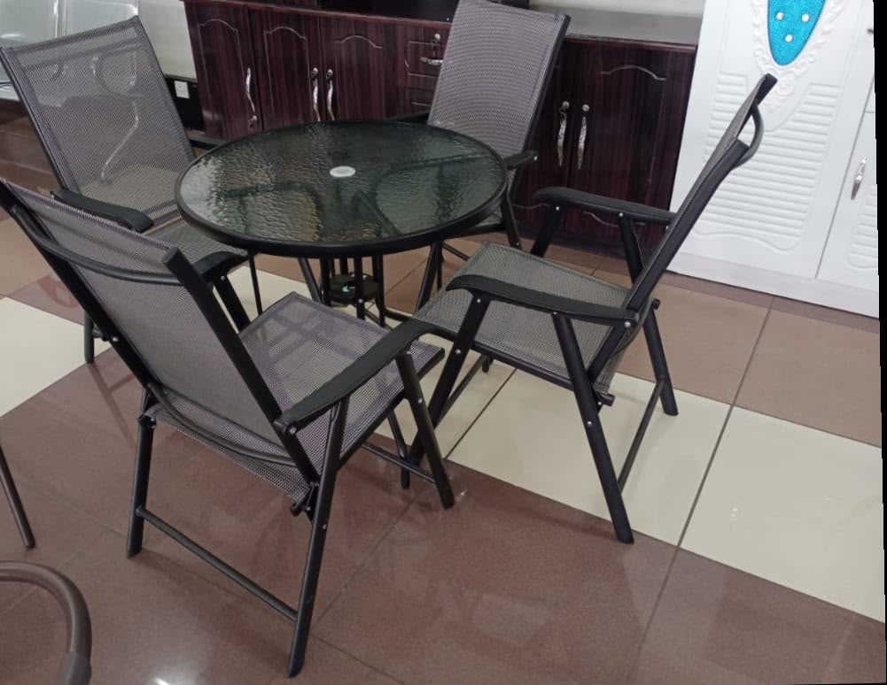 Outdoor  Dining Set With Glass Table And Folding Mesh Chairs