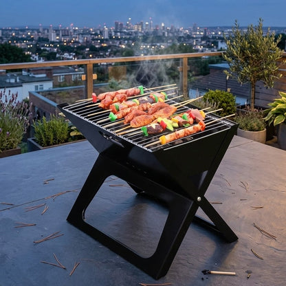 Portable X-type charcoal barbecue grill with foldable design and 48x27.5cm cooking area. 🔥✨