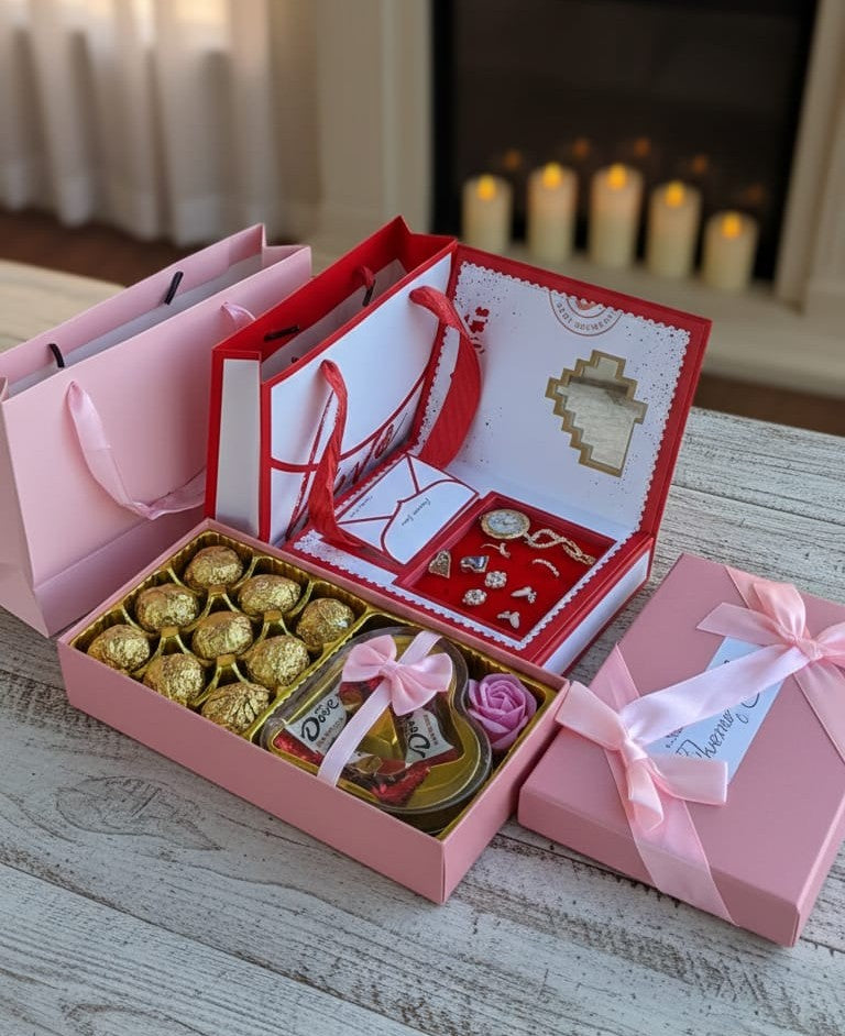 Valentines ladies gift set with Forever Love watch and jewellery pack, premium chocolates, gift card and two gift bags