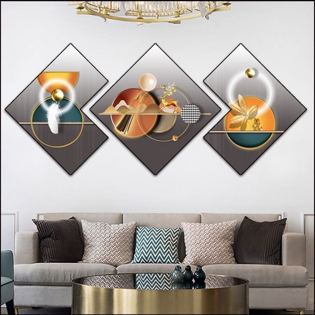 3-piece 3D abstract art set with crystal porcelain paintings in aluminum alloy frames for modern wall décor