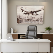 Framed plane flying over city oil painting with textured detailing designed for modern offices, living rooms, and aviation-inspired interiors