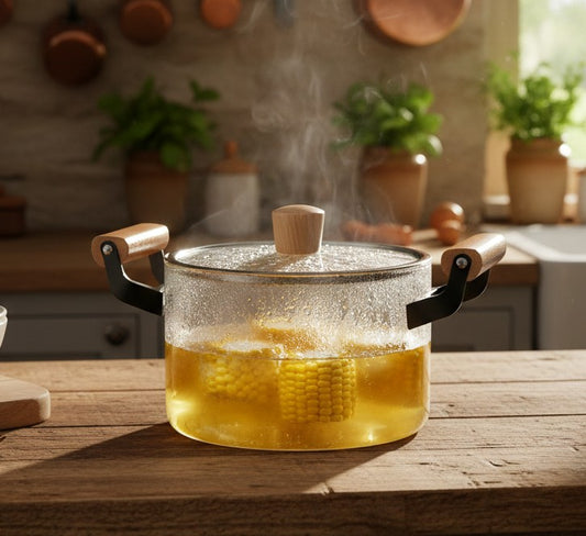 3.5 liter borosilicate glass cookware with wooden handles and clear heat-resistant design